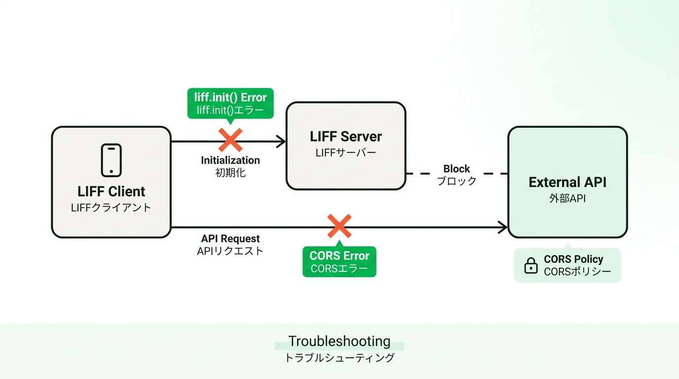 Diagram showing typical errors during LIFF app initialization process including liff.init failure and CORS restrictions