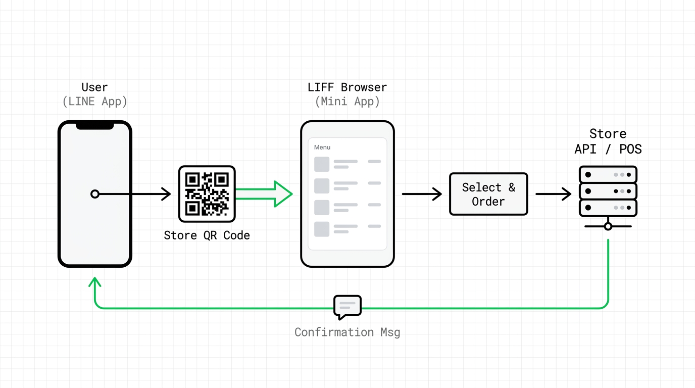 Diagram showing the seamless mobile order flow using LINE Mini App without downloading a native app