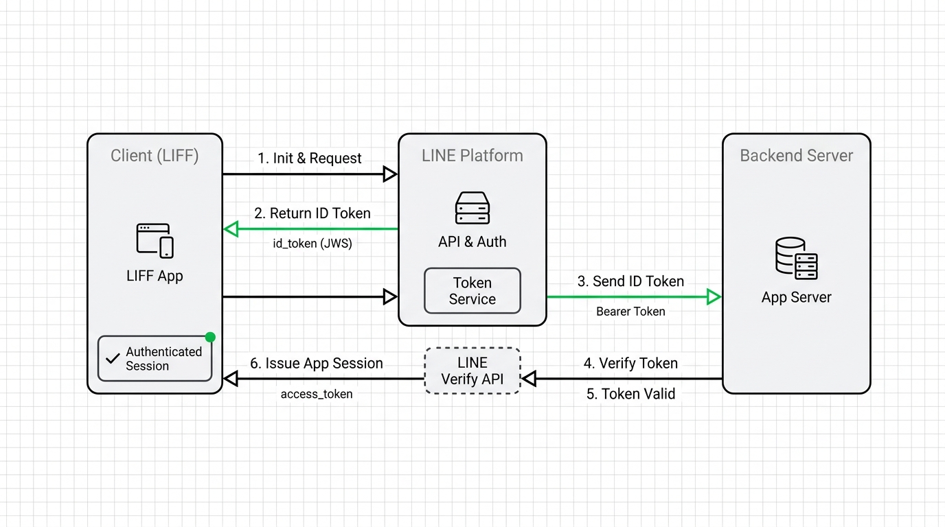 Diagram showing LIFF authentication flow between client, LINE platform, and backend server