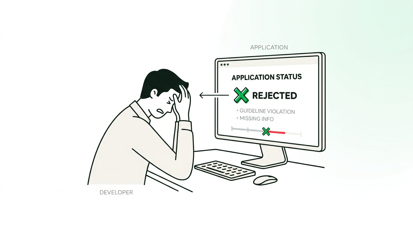 Illustration showing a frustrated developer looking at a rejected LINE Mini App application status on a monitor