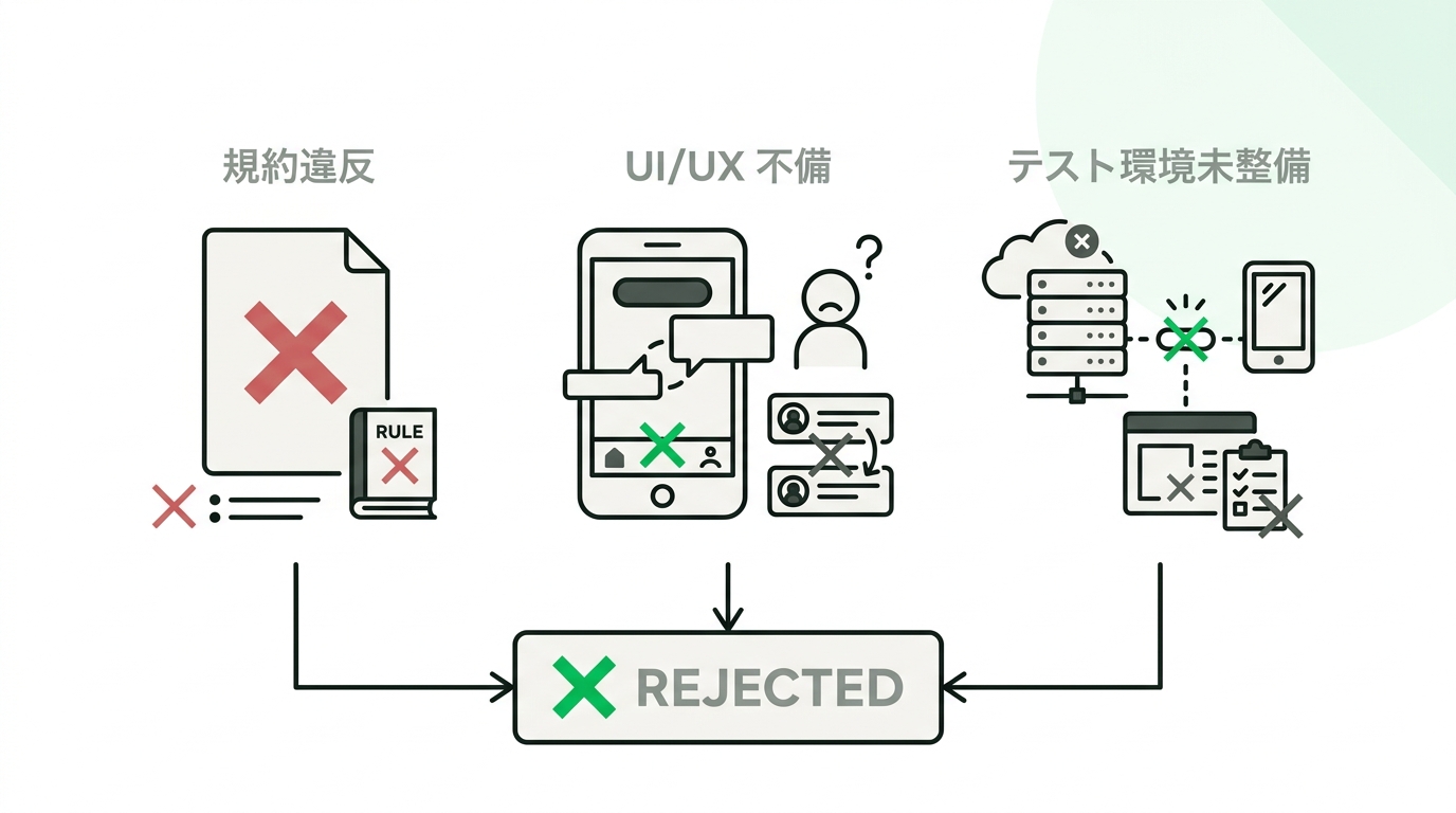 Infographic showing the top three reasons for LINE Mini App rejection: guideline violation, bad UI/UX, and incomplete test environment