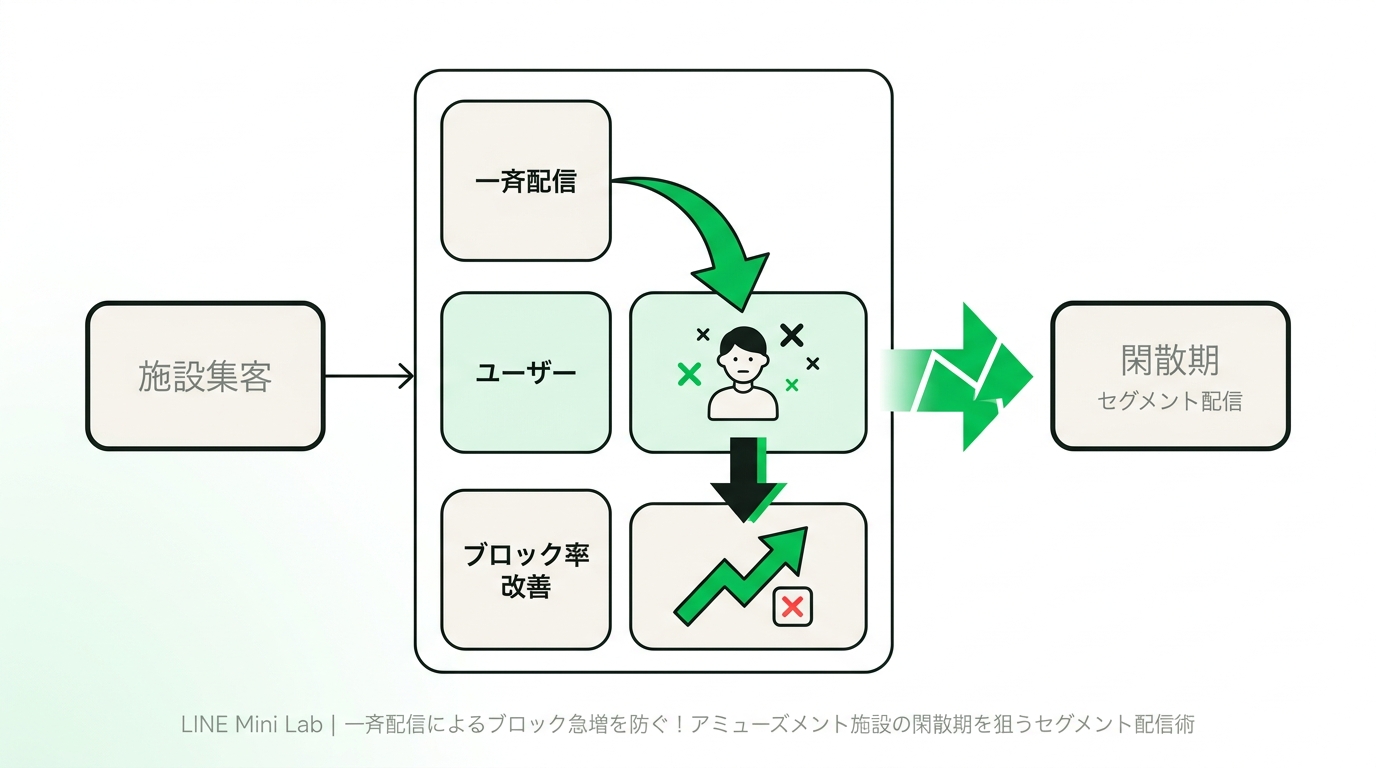Diagram showing the dilemma of mass messaging leading to increased LINE block rates in amusement facilities