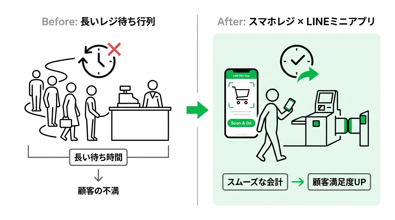 Diagram illustrating the long checkout queue problem in retail stores compared to the smooth self-checkout process using a smartphone.
